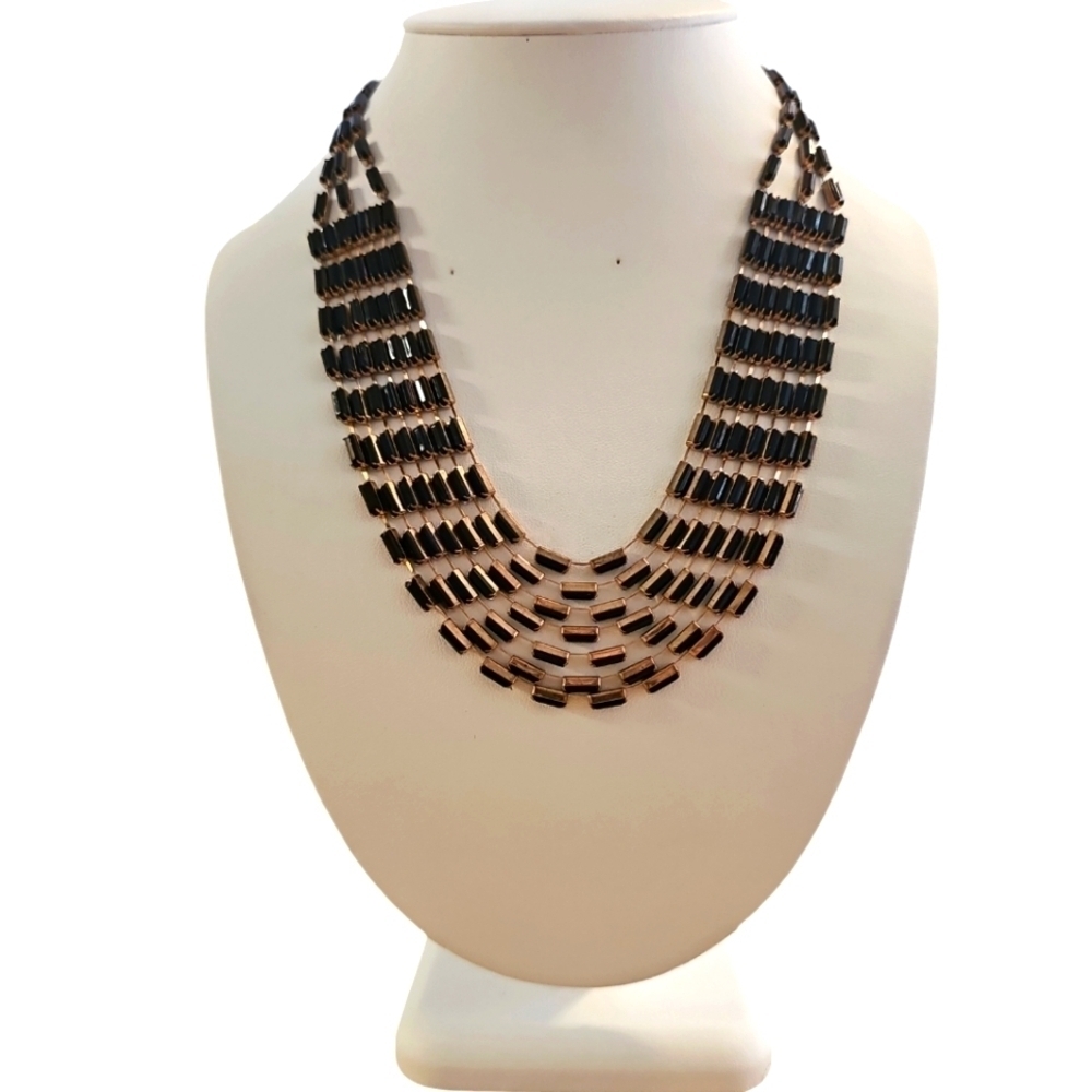Vintage Black Rhinestone Waterfall Drippy Statement Choker Necklace Gold Tone